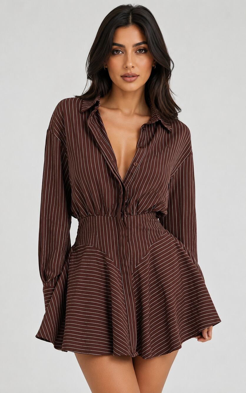 Showpo Whitney Long Sleeve Mini Shirt Dress Chocolate Pinstripe Women Size 2 New